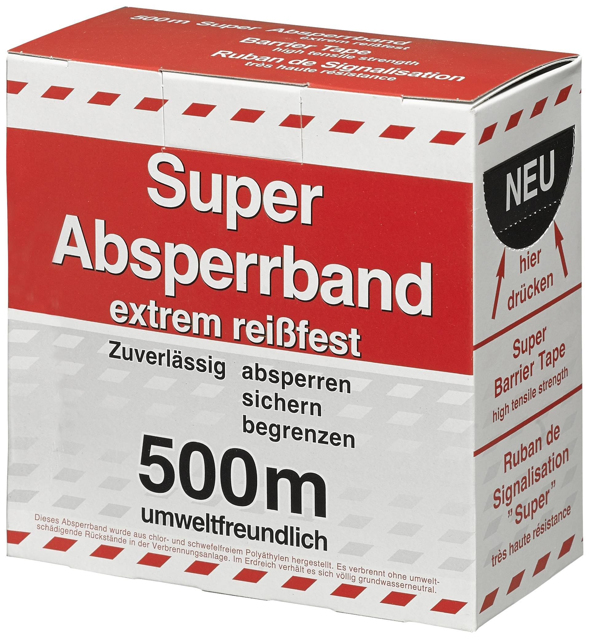 Emballage d'un ruban de signalisation rouge. Texte : 'Super ruban de signalisation, extrêmement résistant, 500 m, écologique', 'NOUVEAU' et 'appuyer ici'.