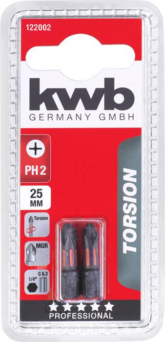 Emballage de kwb Germany GmbH contenant deux embouts de torsion PH2, longueur 25 mm. Utilisés pour tournevis, convenant à un mandrin de 1/4 de pouce.