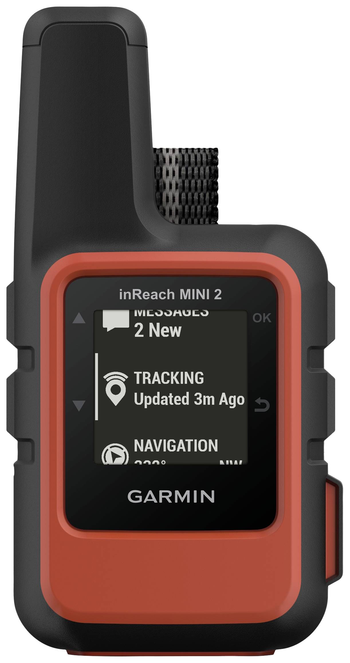 Un petit communicateur GPS satellite Garmin inReach Mini 2 rouge affiche à l'écran « SUIVI Mis à jour il y a 3 min ».