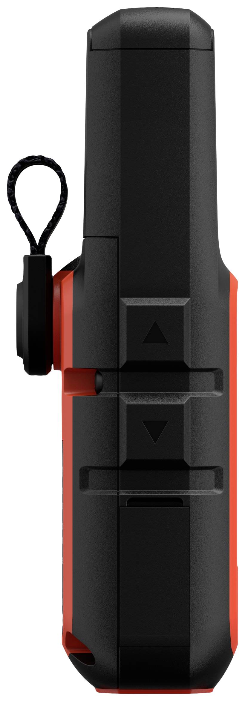 Un appareil électronique noir et rouge doté de deux touches fléchées sur le côté pour une utilisation facile, compact et portable.