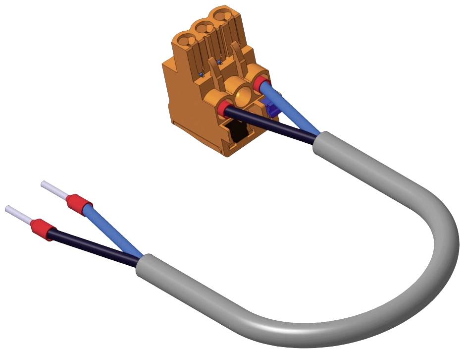 Un connecteur électrique orange avec plusieurs câbles, en partie gainés de gris.