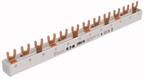 Barre de cuivre avec bornes de contact à fourche, adaptée aux installations électriques, marquée d'un symbole CE et des informations du fabricant.