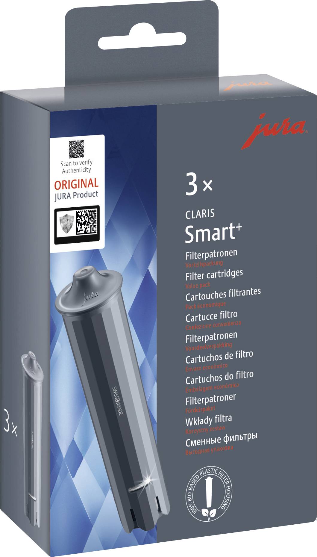 Filtre à eau Jura Claris Smart+ packaging présentant du texte dans plusieurs langues avec une image d'une cartouche de filtre.