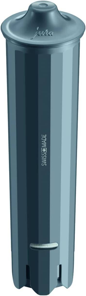 Un filtre à eau bleu pour machines à café, de forme cylindrique, portant l'inscription 'Jura' sur le dessus.