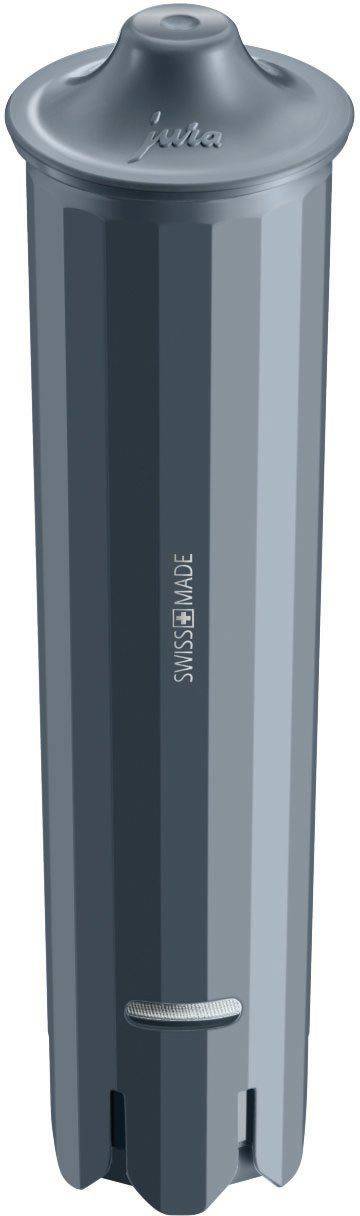 Un filtre à eau gris de forme cylindrique. Le nom de la marque est visible en haut. Le filtre sert à purifier l'eau dans les machines à café.