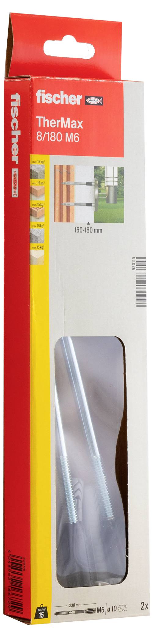 Emballage d'un système de fixation Fischer TherMax 8/180 M6, montrant deux vis à travers une fenêtre transparente. Adapté pour le montage.