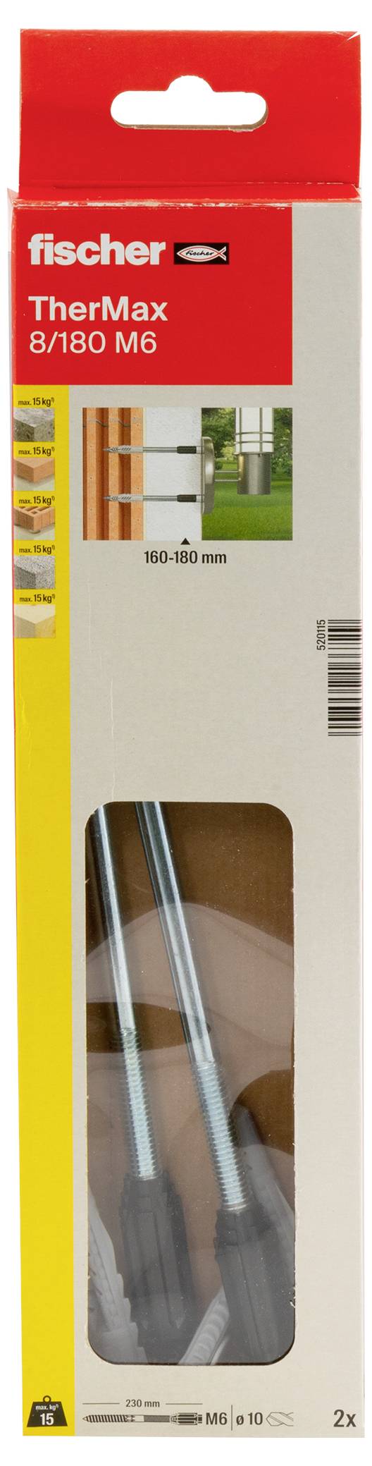 Emballage de 'fischer TherMax 8/180 M6', présentant deux tiges filetées, adaptées pour une isolation de 160 à 180 mm. Image des tiges montées à l'extérieur.