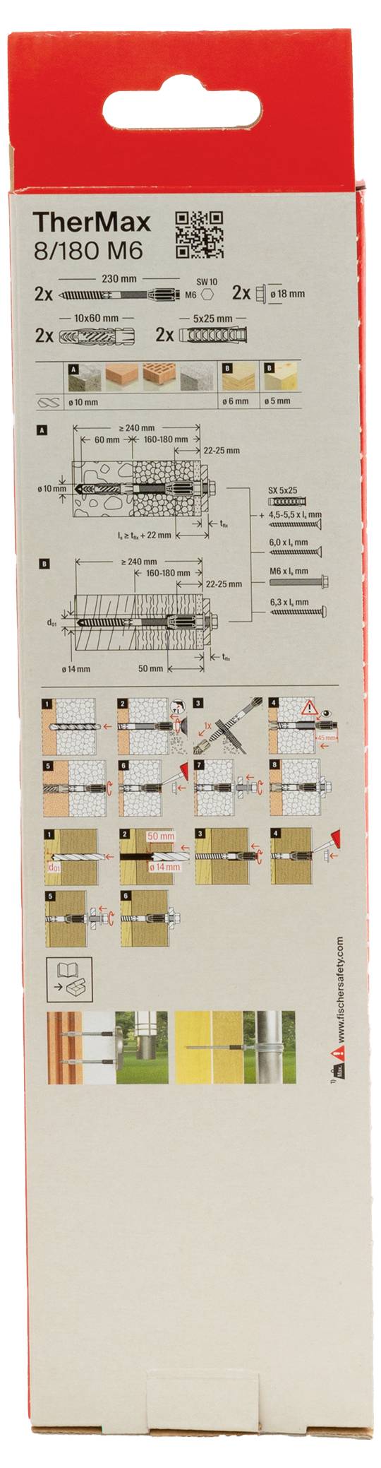 Emballage d'un kit de chevilles TherMax 8/180 M6 avec un guide d'installation étape par étape et des dessins techniques pour l'installation.