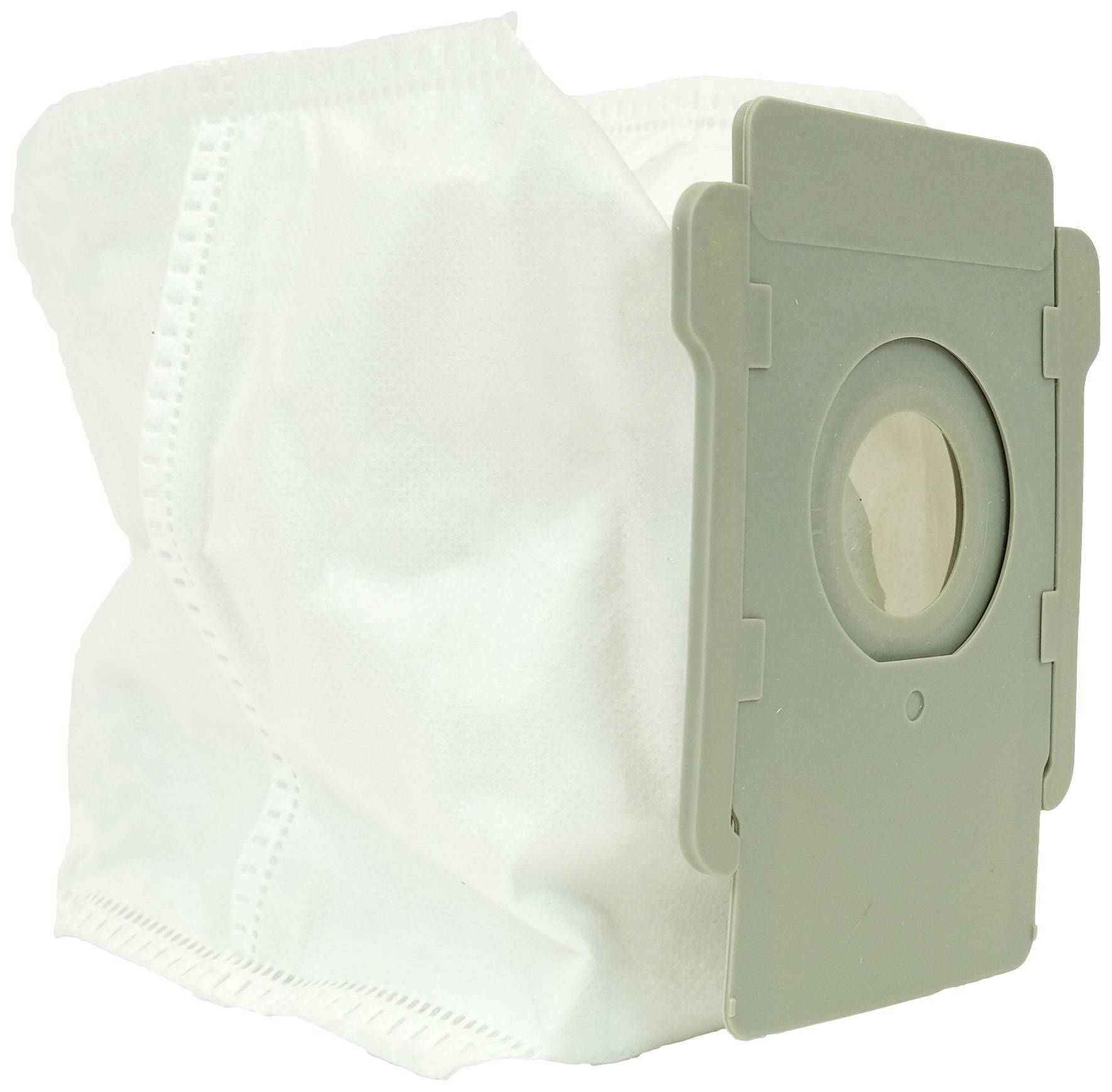 Un sac d'aspirateur blanc avec une ouverture rectangulaire grise en plastique qui permet de le raccorder à un aspirateur.