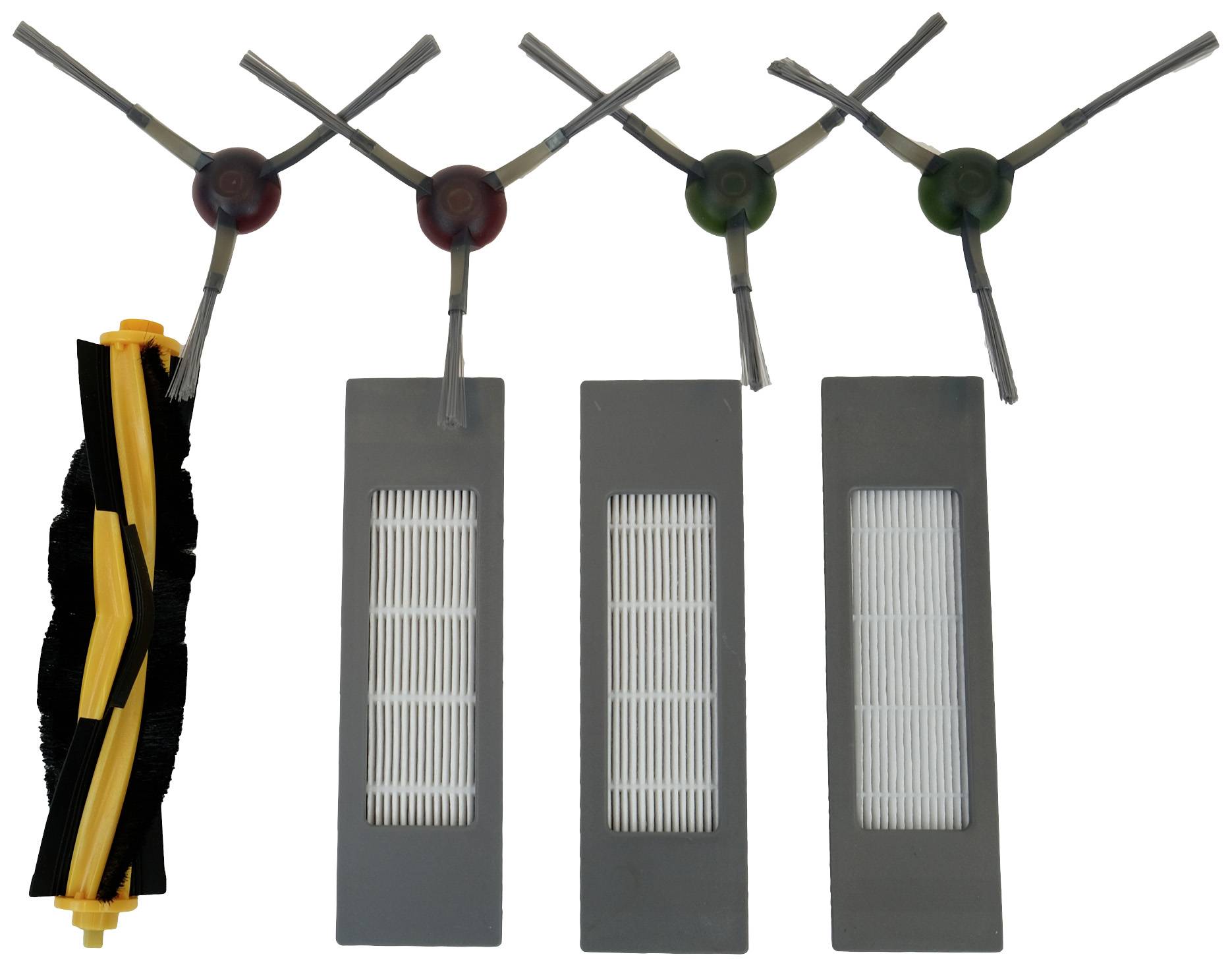 Ensemble d'accessoires d'aspirateur, composé de 3 brosses latérales, 2 filtres et une brosse principale.