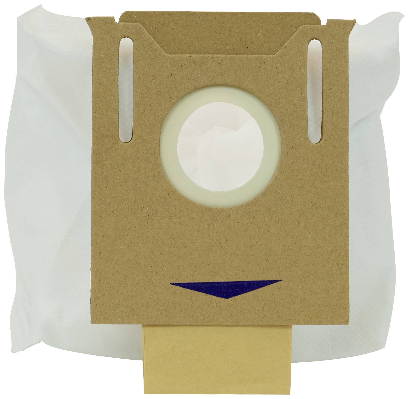 Sacs d'aspirateur en carton avec un trou rond au milieu pour l'insertion dans un aspirateur. Arrière-plan : blanc.