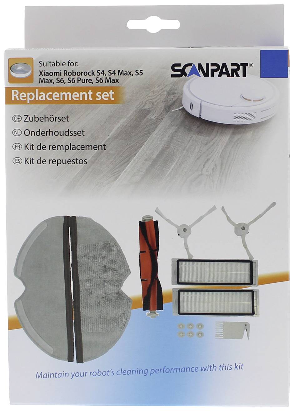 Ensemble de remplacement Scanpart pour Xiaomi Roborock S4 à S6. Comprend : brosses latérales, filtre, lingettes. Performance de nettoyage améliorée.