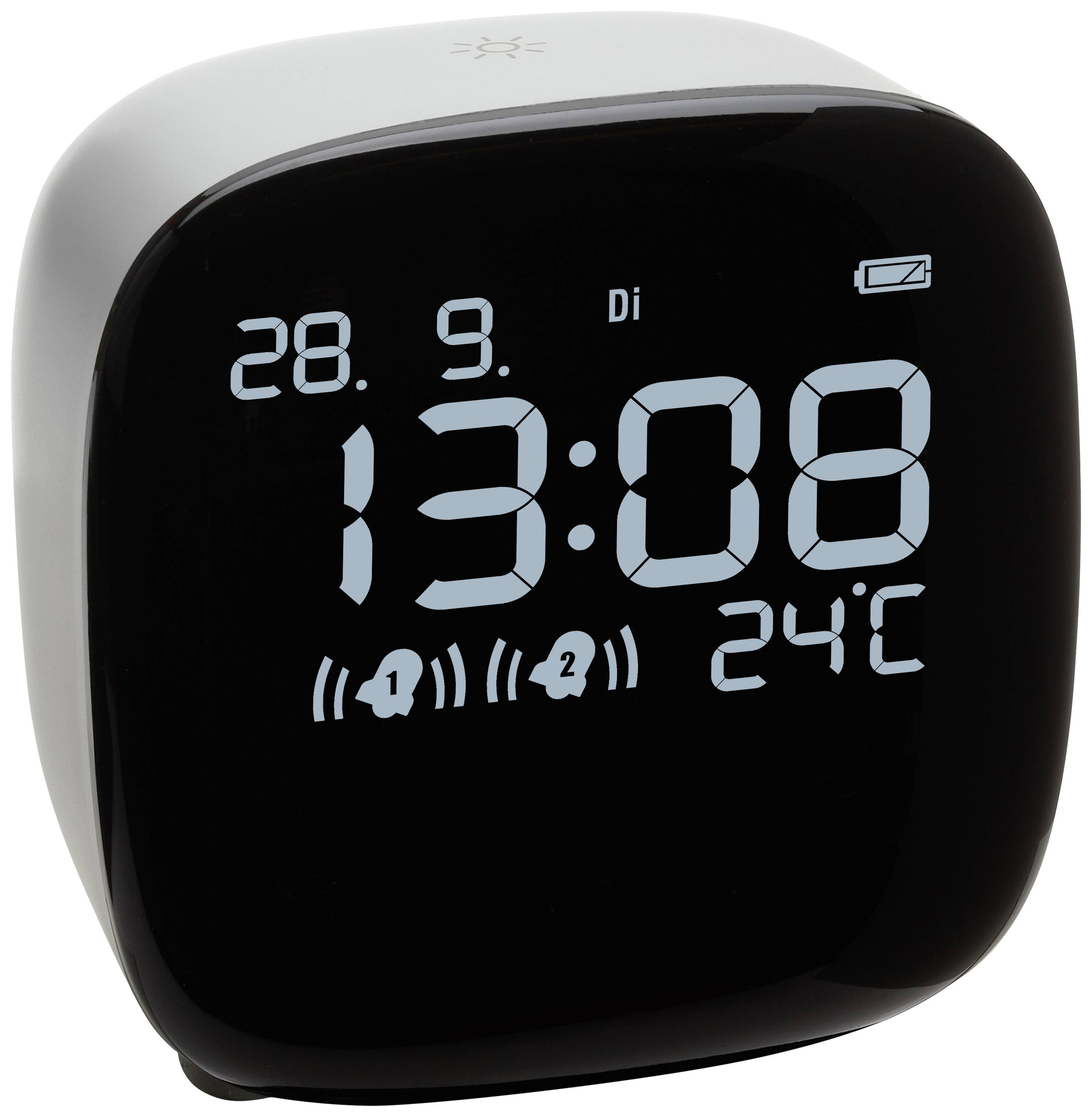 Réveil numérique avec grand écran affichant la date '28.9. Ma', l'heure '13:08' et la température '24°C' ; indicateur de niveau de batterie visible.