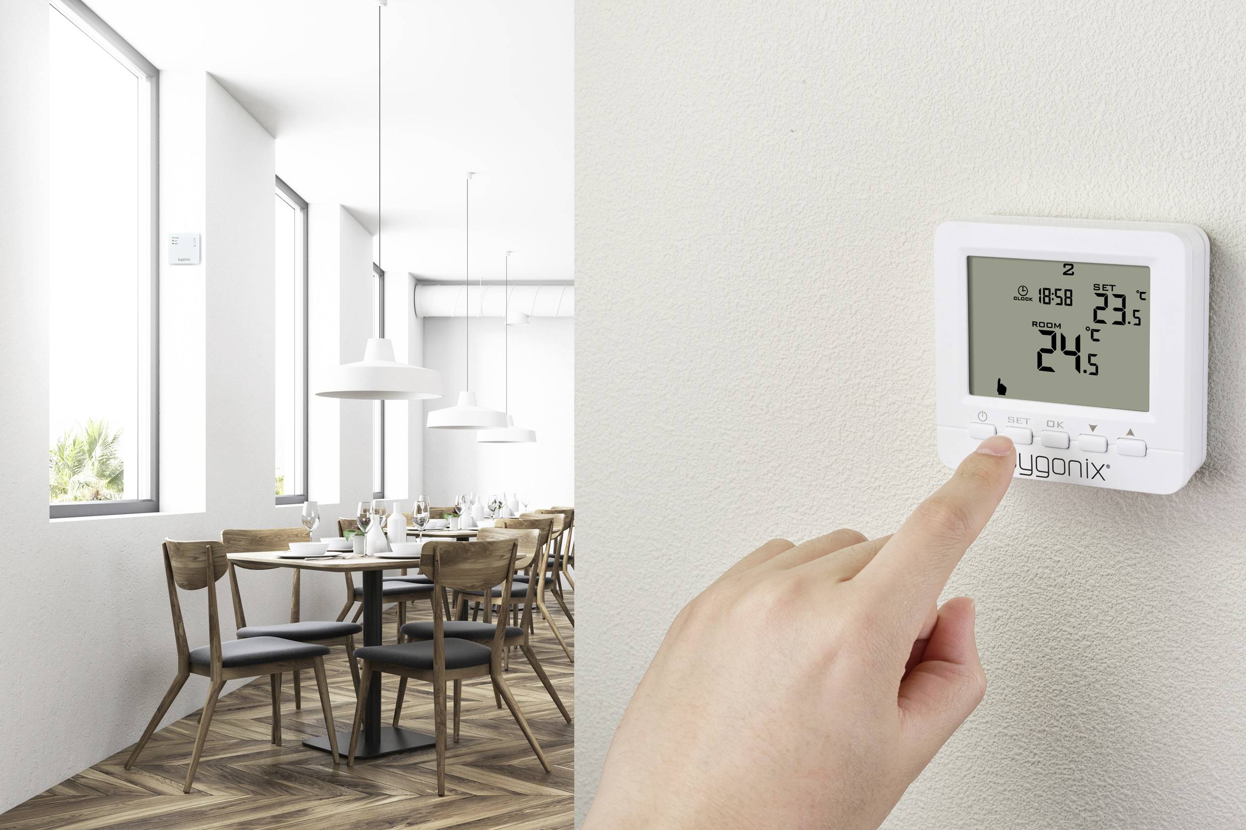 Une personne règle la température à 24,5 degrés Celsius sur un thermostat mural dans une salle à manger moderne.
