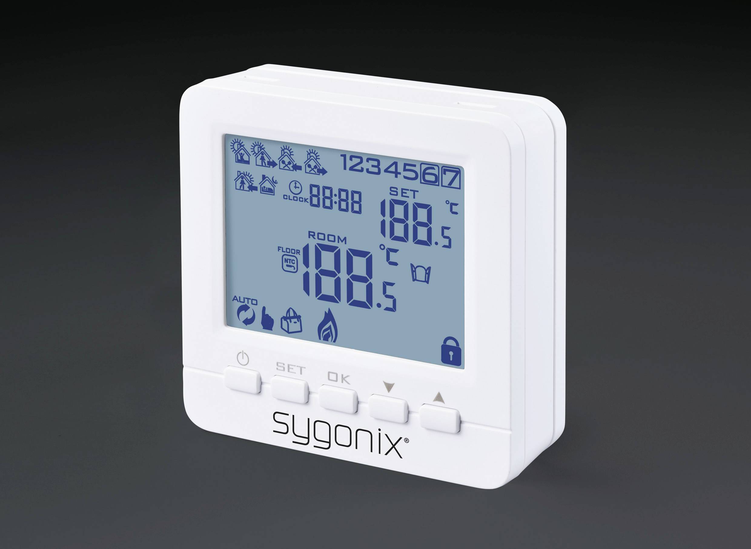 Thermostat numérique avec affichage bleu indiquant la température ambiante actuelle de 18,0°C, température programmée à 18,5°C et des symboles de réglages.