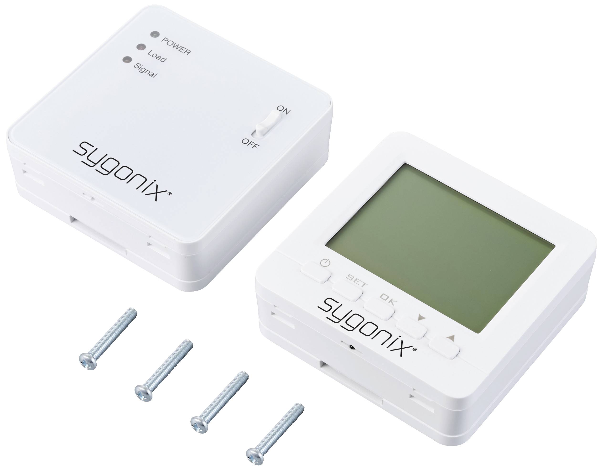 Deux appareils électroniques de Sygonix avec écran LCD. À gauche, appareil équipé de LED de puissance, à droite, appareil avec affichage et touches. Quatre vis.