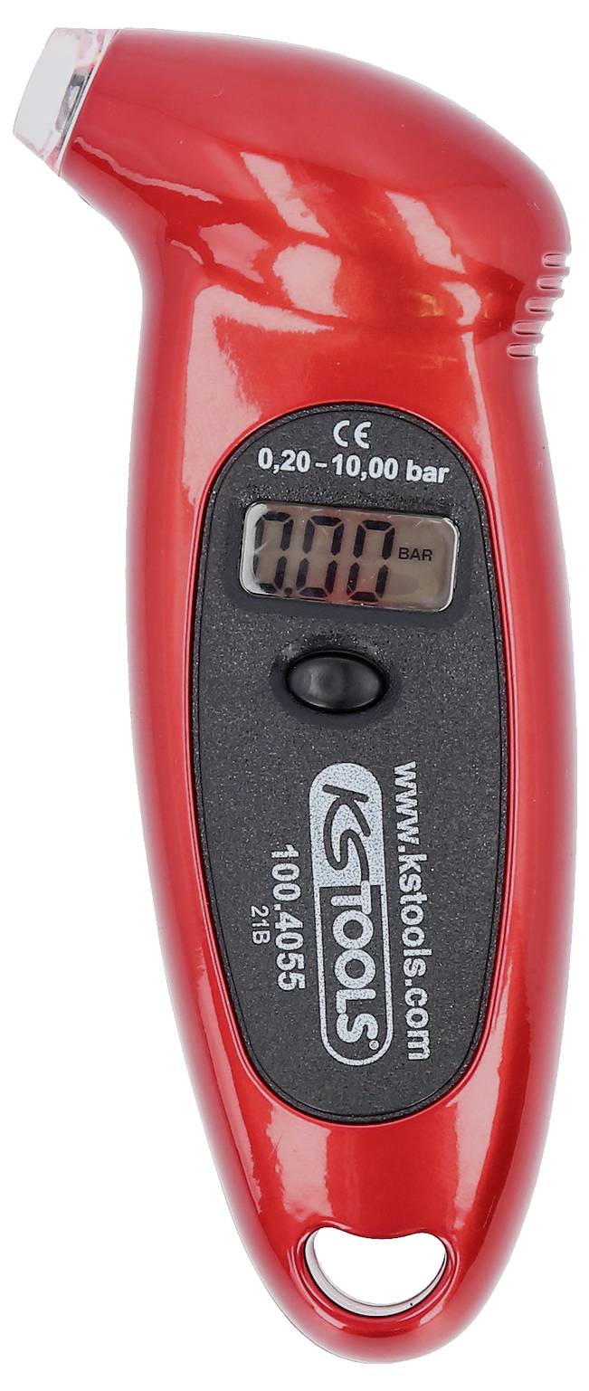 Jauge numérique de pression des pneus à main rouge avec écran LCD, bouton et marquage « KSTOOLS ».