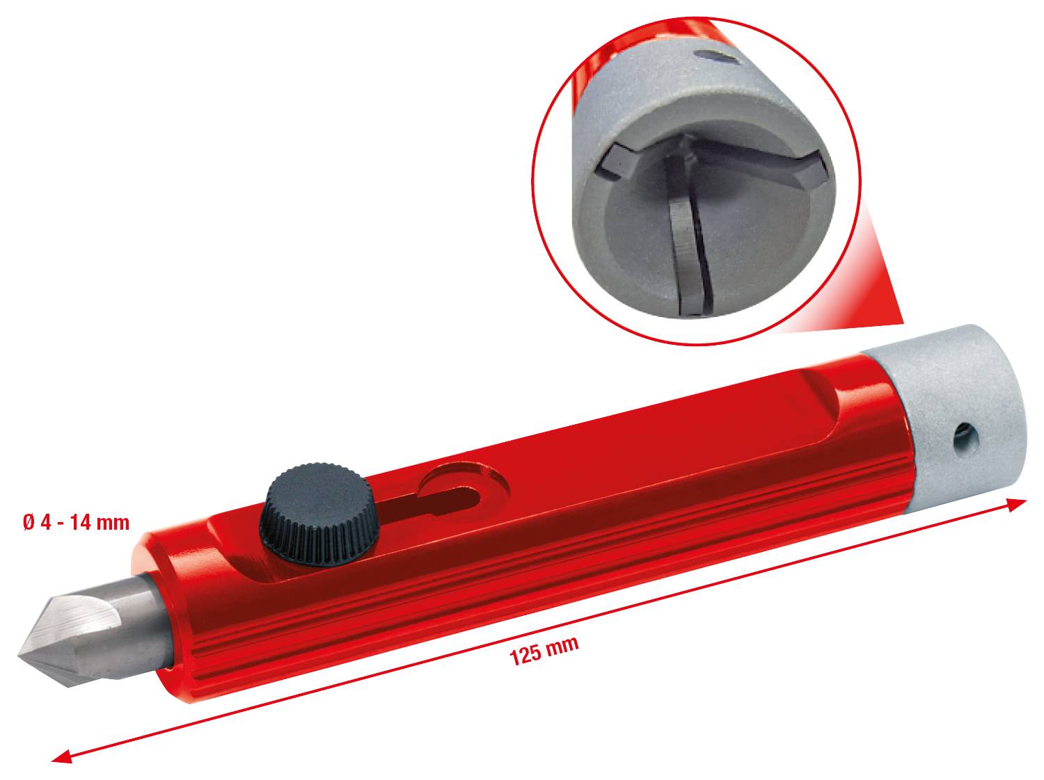 Ébarbeur rotatif rouge avec lame pivotante, adapté pour des diamètres de 4 à 14 mm, longueur 125 mm. Vue détaillée de la tête de coupe.
