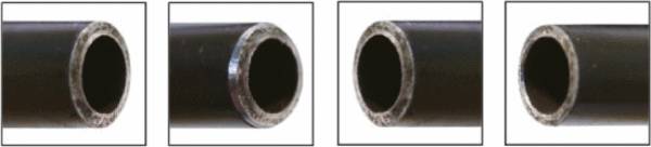 Quatre tubes présentant des bavures variables à leurs extrémités, illustrant différents états de fabrication.