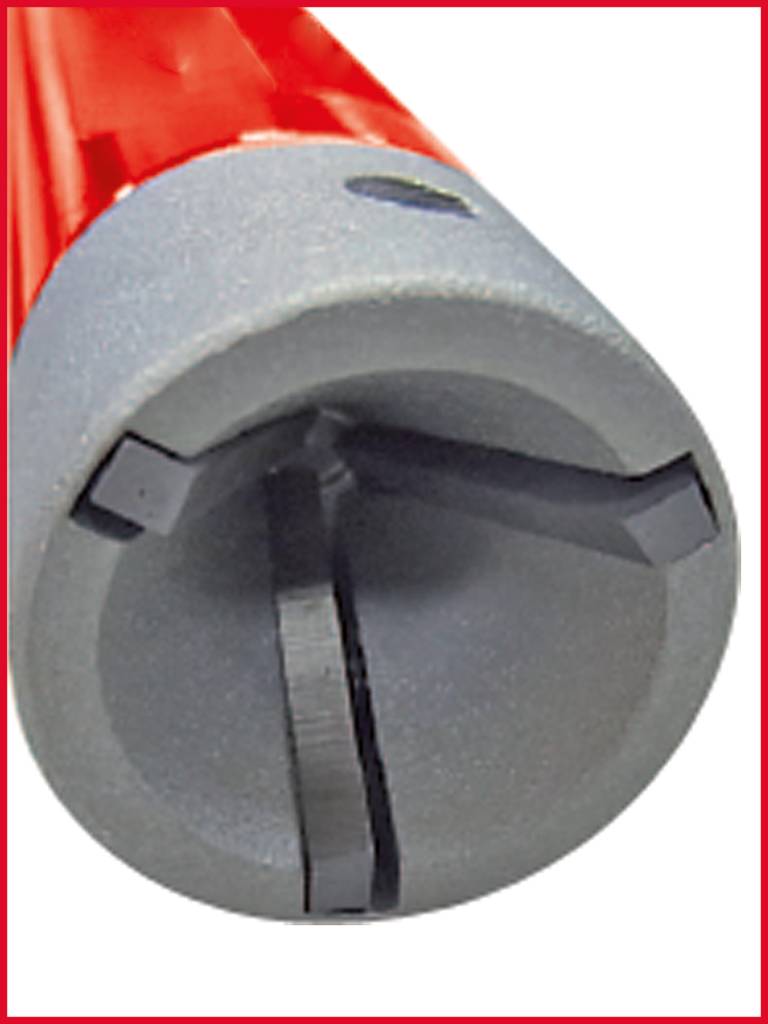 Outil cylindrique gris avec trois lames noires, boîtier rouge, utilisé pour couper ou fraiser.