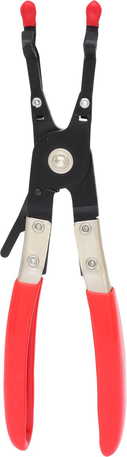 Une pince avec une poignée rouge, adaptée pour saisir et maintenir de petits objets. Elle possède une surface de travail noire.