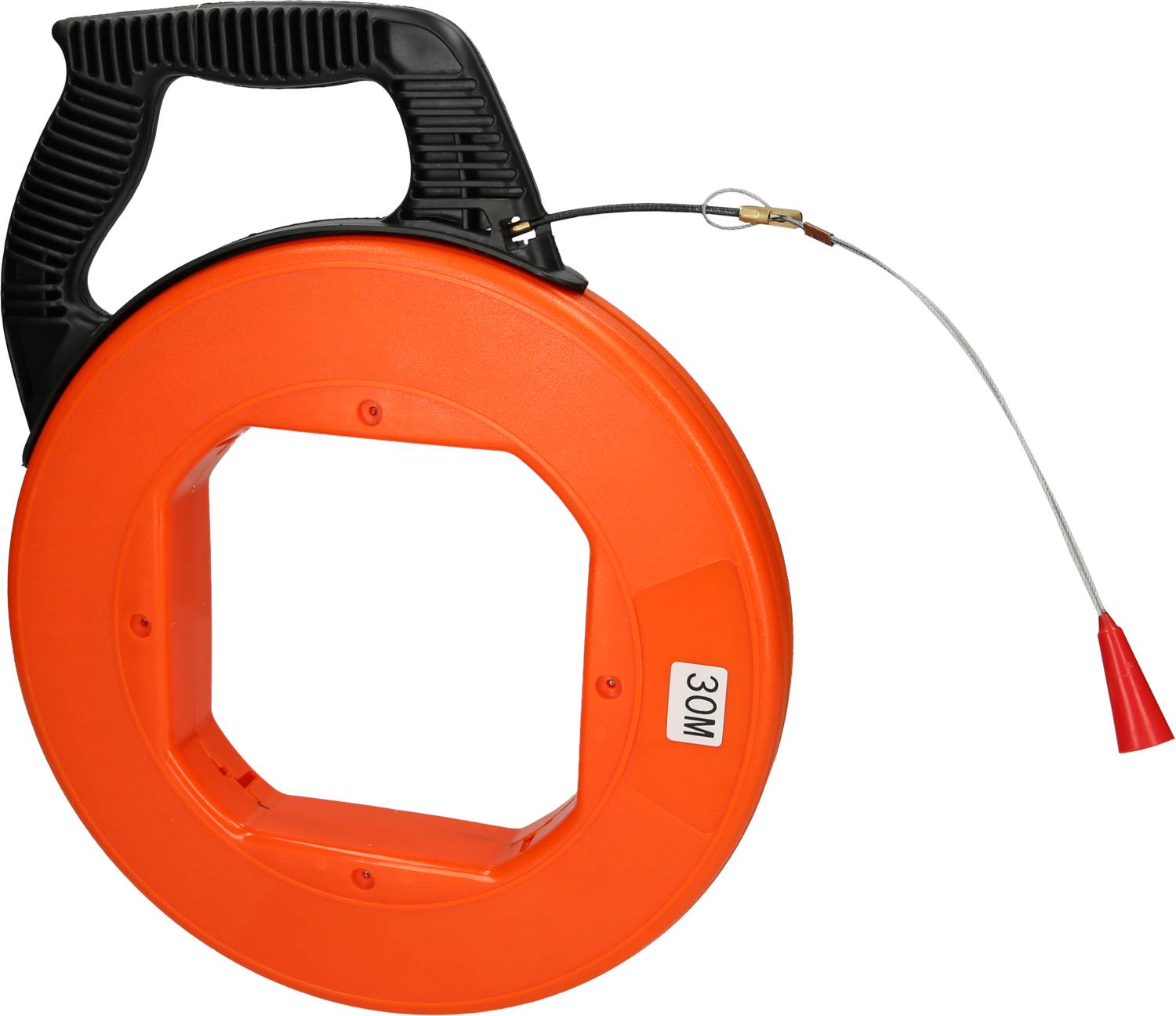 Une bande de tirage de câble orange avec une poignée noire. Un câble métallique avec une extrémité rouge dépasse de la bobine.