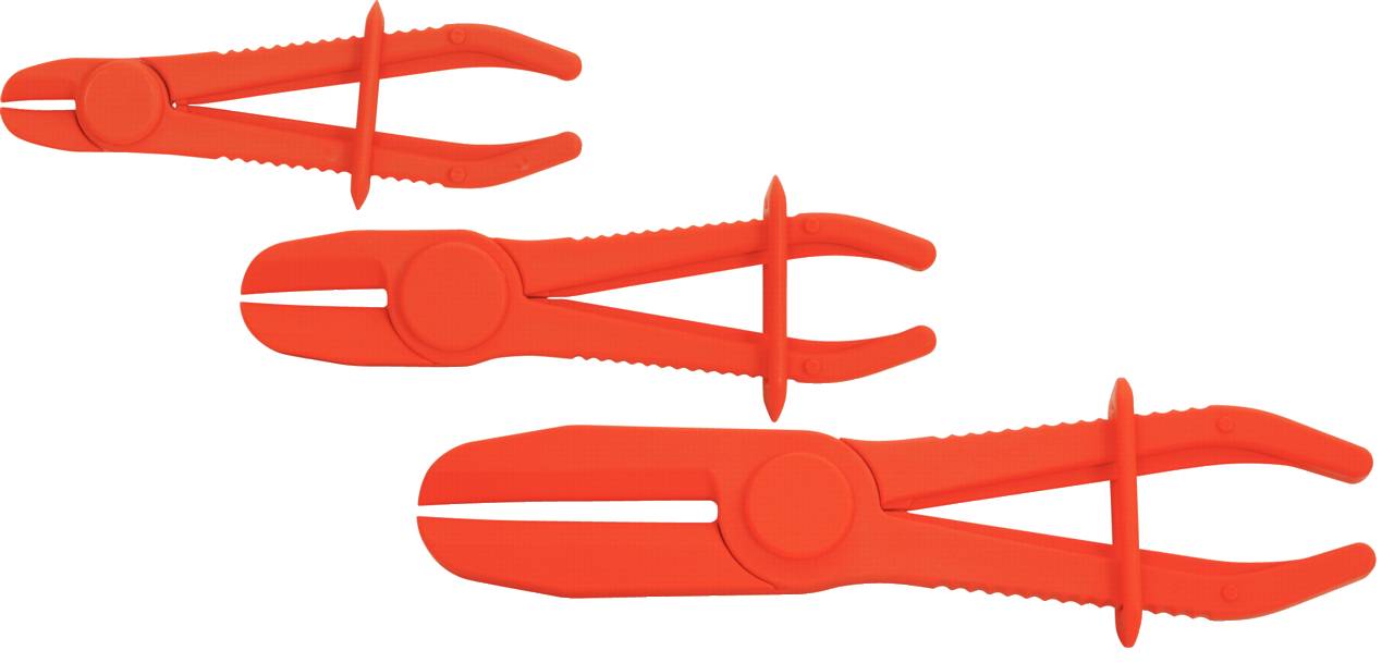 Trois pinces de serrage en plastique rouge de différentes tailles, utilisées pour obstruer les flux de liquides dans des tuyaux.