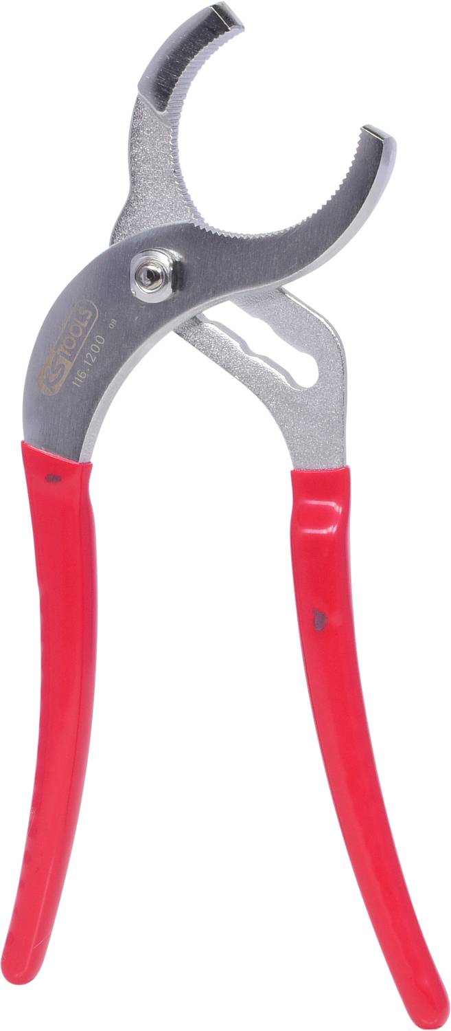 Pince à tuyau rouge à mâchoires réglables, adaptée pour saisir des tuyaux et des objets ronds, sur fond blanc.