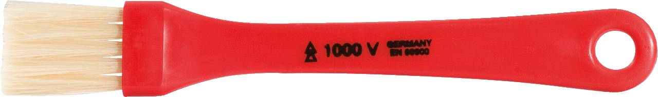 Pinceau rouge avec poils naturels et inscription '1000V, VDE, Germany'. Adapté aux travaux à proximité de lignes électriques.