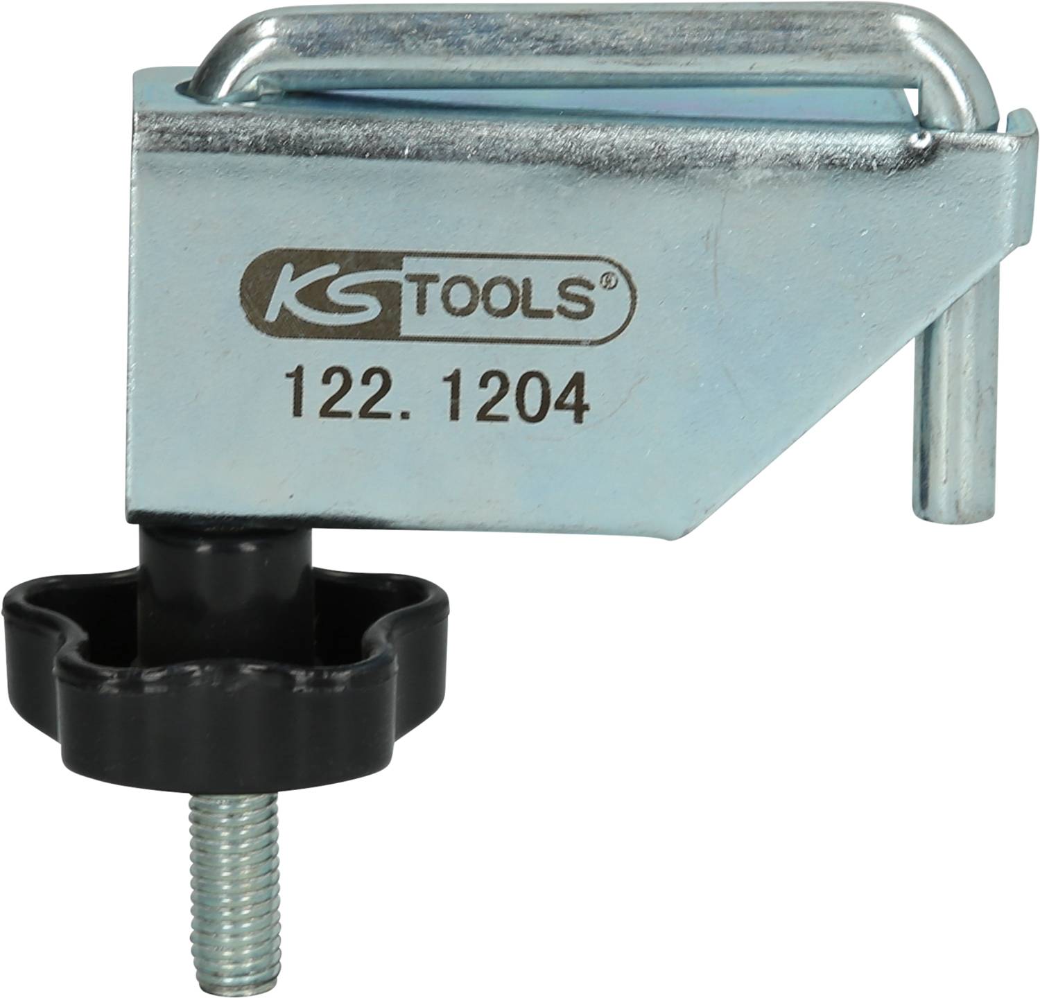 Un outil argenté avec une vis noire portant l'inscription 'KS Tools 122.1204', probablement un composant utilisé pour fixer ou ajuster.