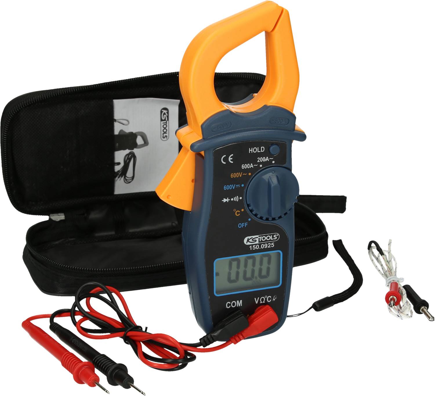 Étrier de mesure numérique avec mallette ouverte, affichage sur 0, accessoires d'accompagnement et câbles de mesure, prêt pour un mesurage électrique.