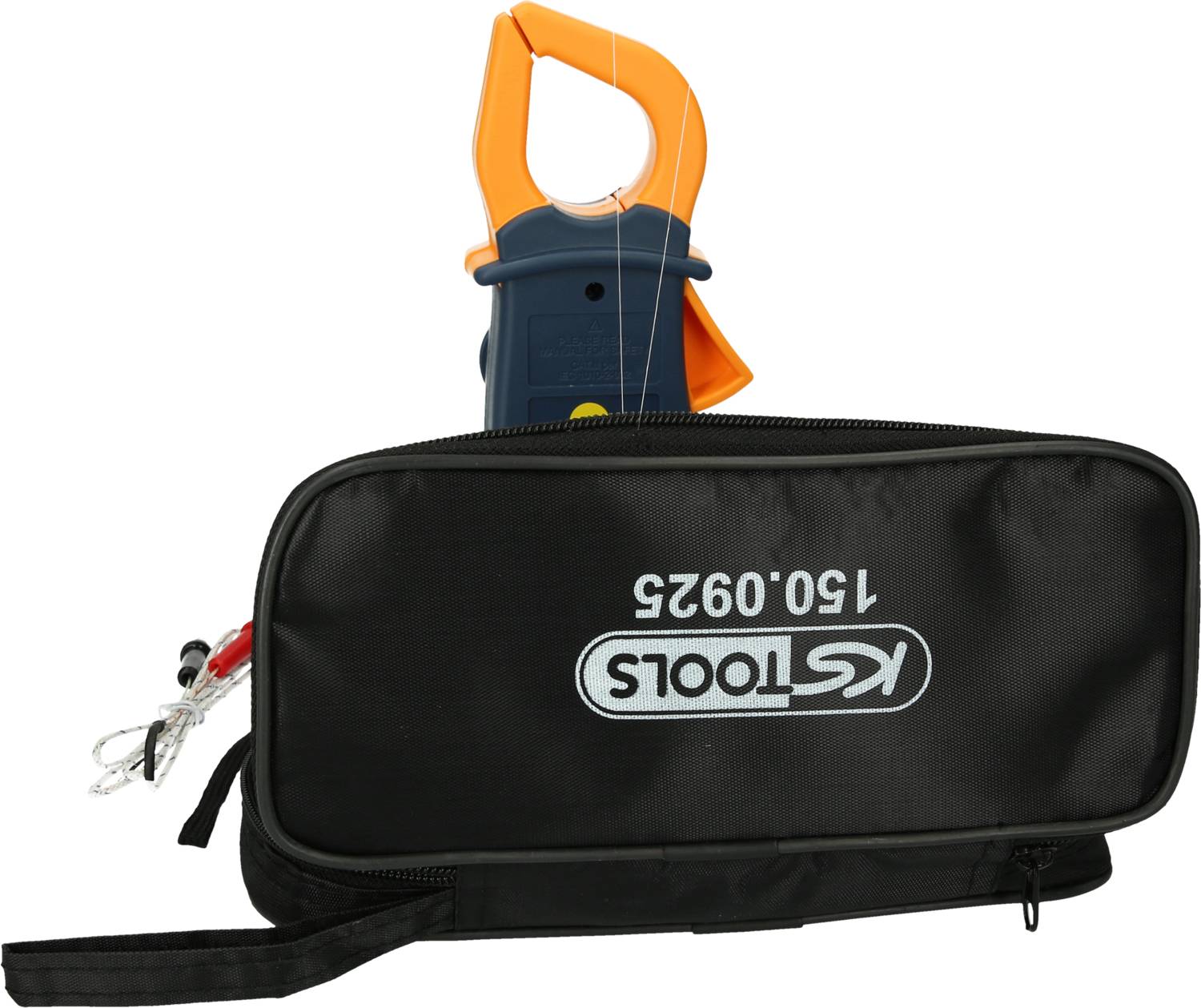 Un appareil de mesure orange et noir avec une pince en haut, emballé dans un sac noir portant la mention 'KS Tools' et le numéro de modèle 150.0925.