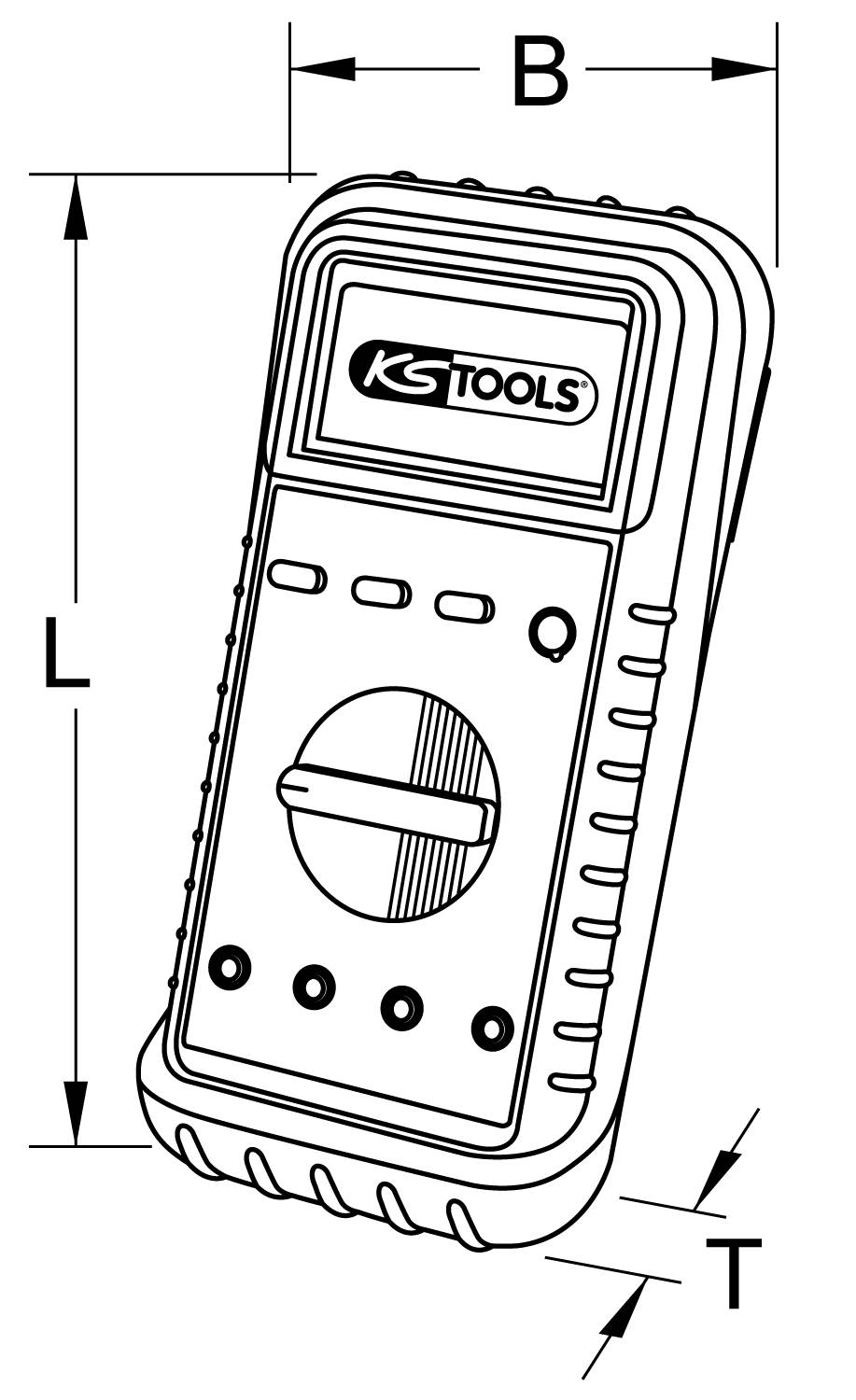 Dessin au trait d'un multimètre numérique avec le logo de marque 'KS Tools'. Les dimensions L, B et T sont indiquées.