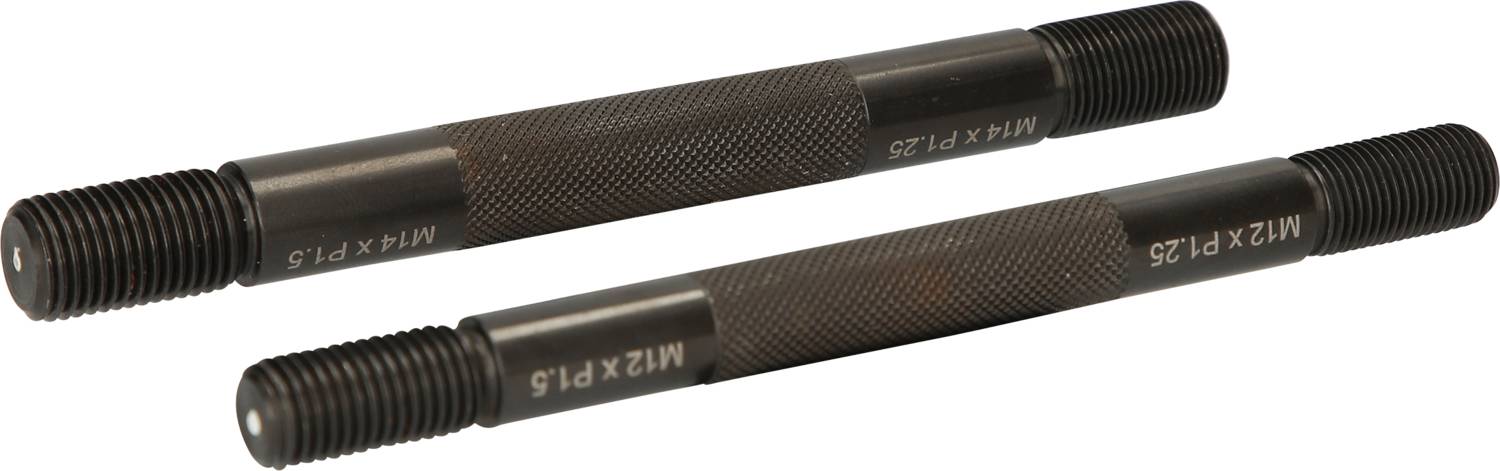 Deux calibres cylindriques métalliques noirs filetés portant les marquages « M12 x P1,25 » et « M14 x P1,5 ».