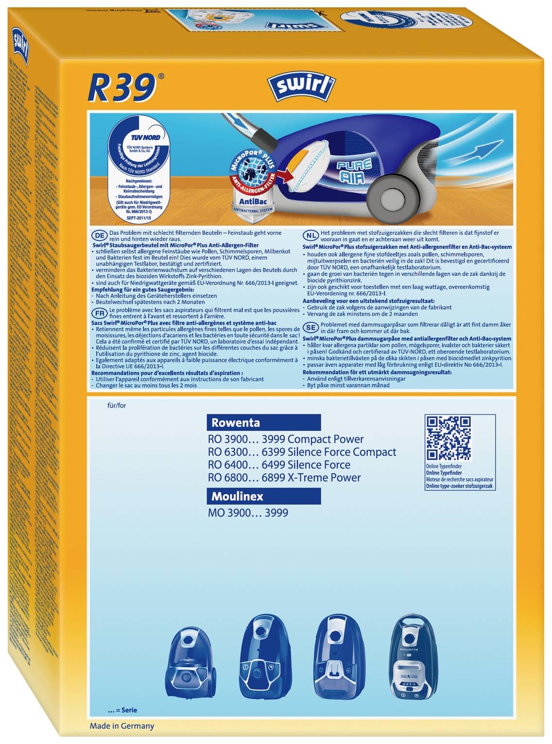 Emballage d'un sac d'aspirateur 'R39' de Swirl avec des illustrations de modèles d'aspirateurs compatibles de Rowenta et Moulinex.