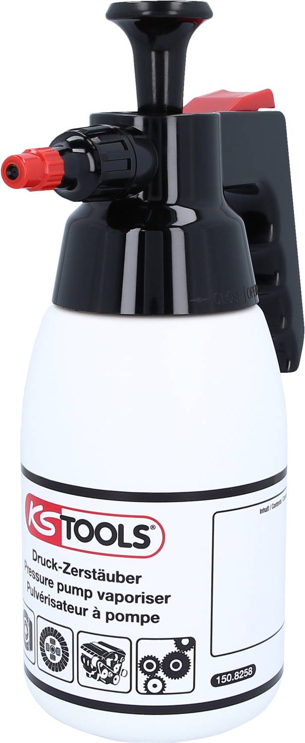 Un pulvérisateur blanc avec une poignée noire et un embout rouge, portant le logo 'KS TOOLS' et des détails techniques.