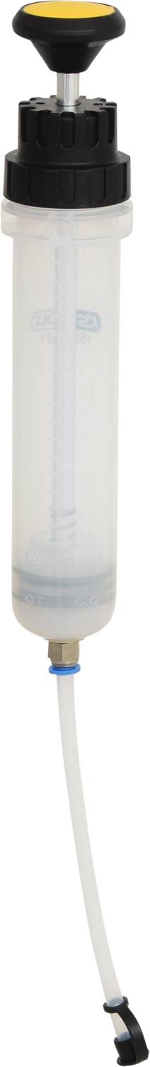 Une pompe manuelle transparente avec une poignée et un tuyau noirs, utilisée pour pomper ou transférer des liquides.