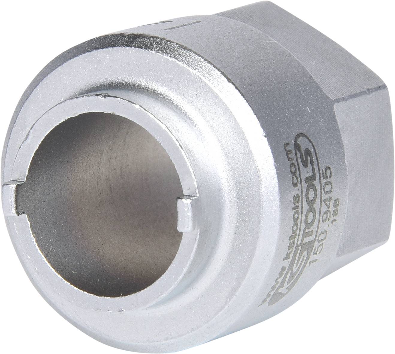 Un embout de clé à roue en argent avec une ouverture circulaire et des marquages sur le côté, utilisé pour desserrer ou serrer des écrous.