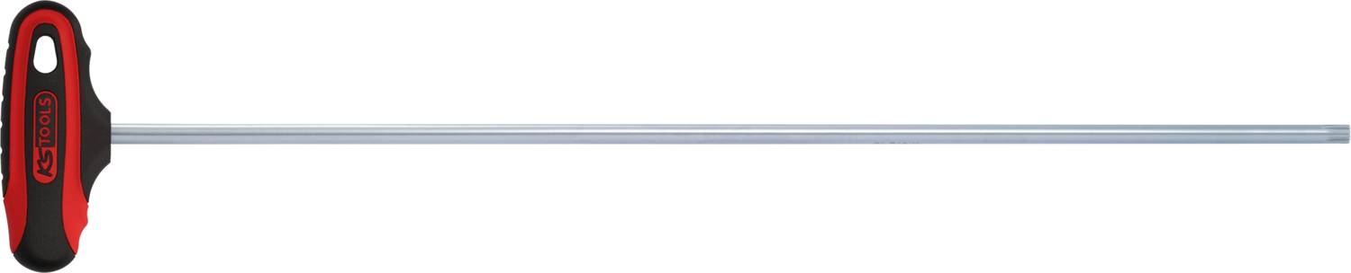 Clé Allen T-Griff à tige longue, corps principal en rouge et noir. Adaptée pour les vis difficiles d'accès.