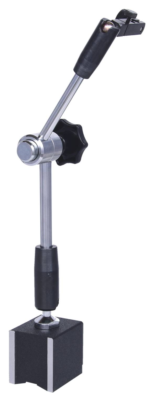 Support de mesure magnétique avec bras articulé et pince, adapté pour fixer des instruments de mesure sur des surfaces métalliques.