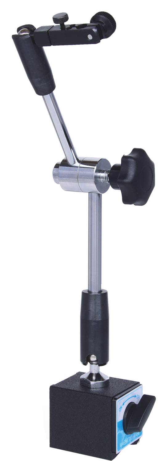 Support magnétique à bras ajustable et boutons rotatifs, principalement en métal et en plastique, pour des mesures techniques précises.