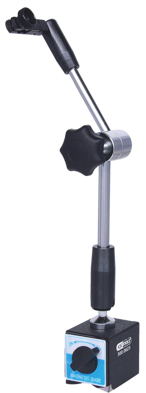Pied magnétique avec bras ajustable, adapté pour la fixation sécurisée d'instruments de mesure sur des surfaces métalliques.