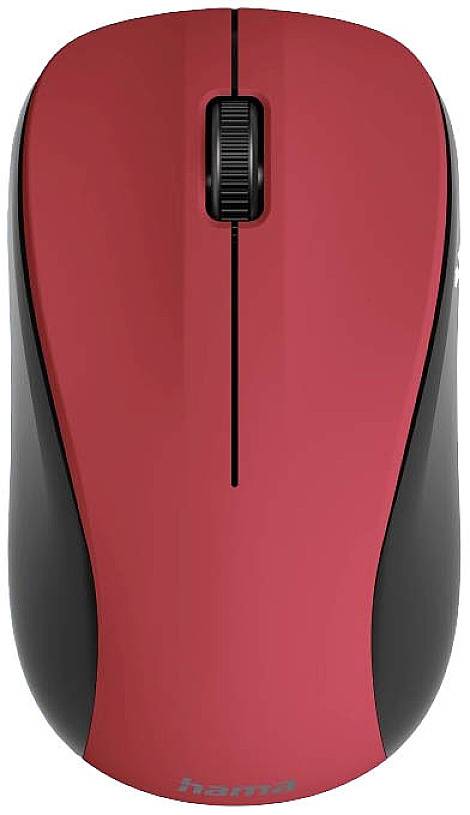 Souris sans fil rouge et noire avec molette de défilement, adaptée à une utilisation informatique.