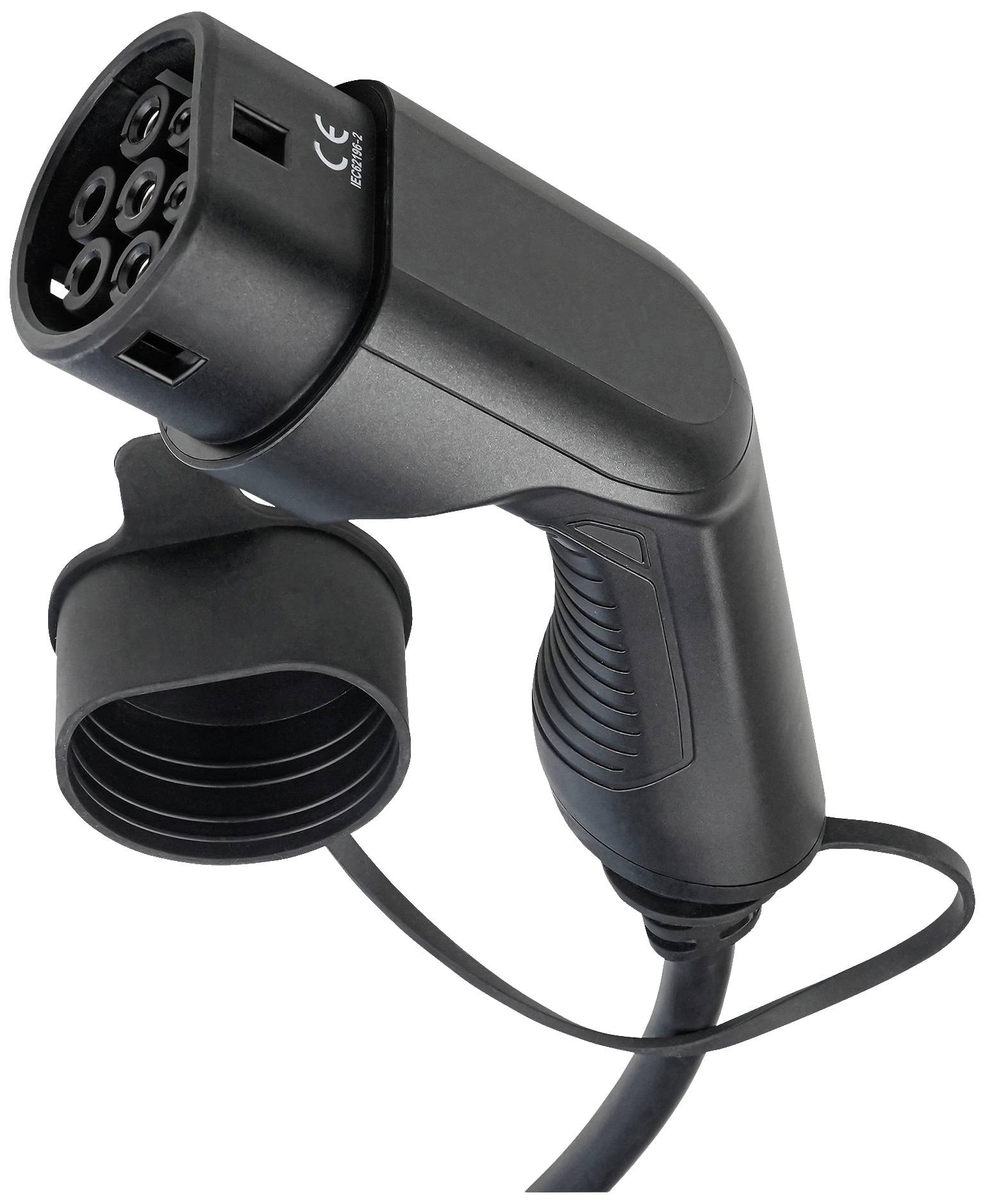 Prise de chargement pour voiture électrique en noir et ivoire avec capuchon de protection, montrant une vue latérale de la prise et du câble connecté.