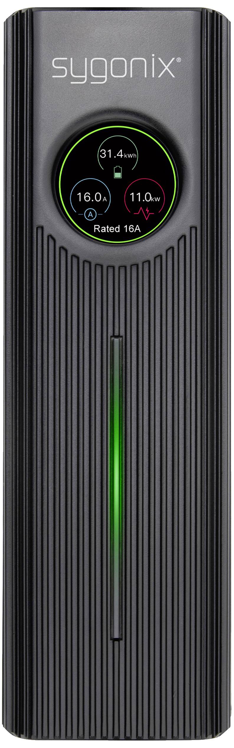 Chargeur noir de sygonix avec affichage numérique pour l'intensité du courant, la tension et la puissance. La barre LED s'illumine en vert.