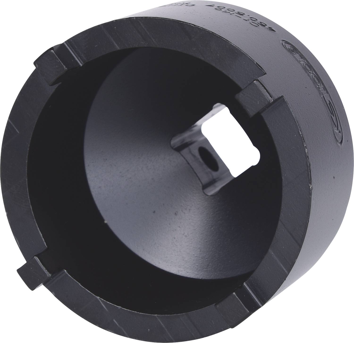 Un adaptateur noir cylindrique avec deux emplacements rectangulaires sur les côtés, probablement destiné à des applications techniques ou industrielles.