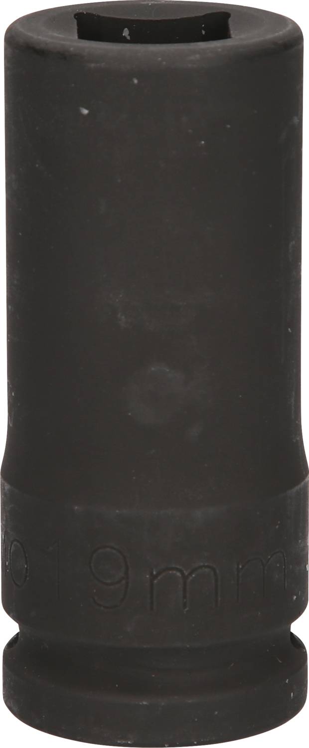 Un écrou hexagonal noir avec une ouverture hexagonale, sur lequel la taille '19 mm' est gravée.