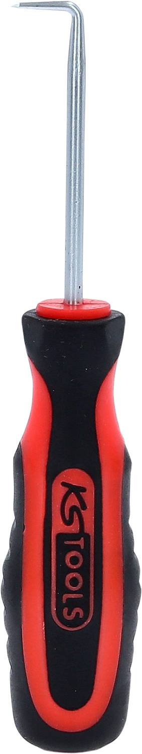 Un petit outil à crochet avec une poignée rouge et un crochet métallique, adapté aux travaux de mécanique de précision ou d'électronique.