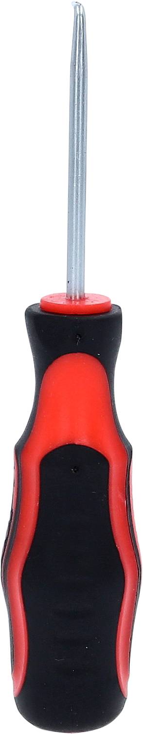 Un tournevis cruciforme avec une poignée noire et des détails rouges, présenté de face.