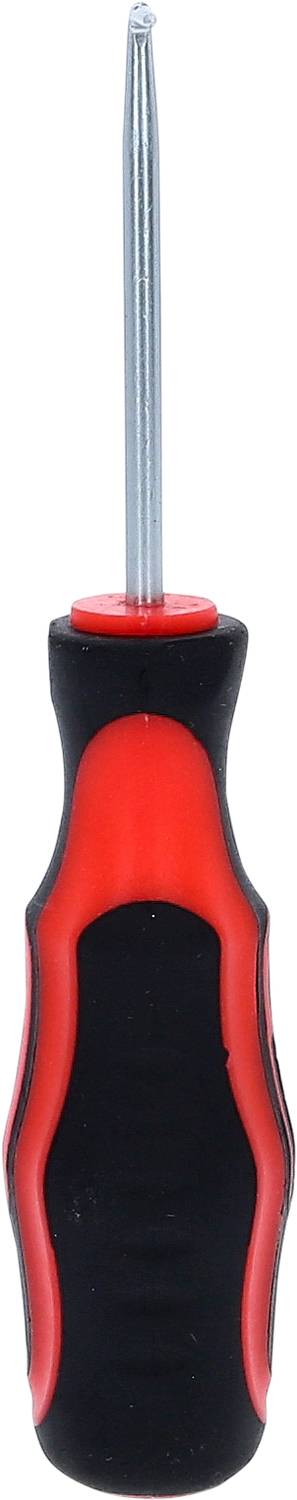 Un tournevis noir et rouge avec une poignée antidérapante et un embout plat.